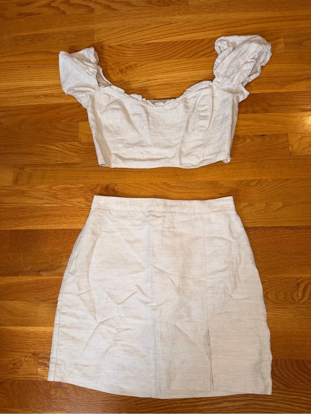 Wilfred Aritzia Linen Lyocell Puff Sleeve Crop Top Mini Skirt Set Size 4 M